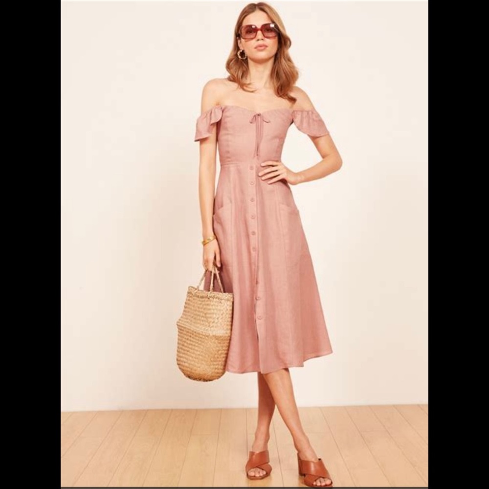 Reformation Aurora dress linen 2 smocked midi off shoulder